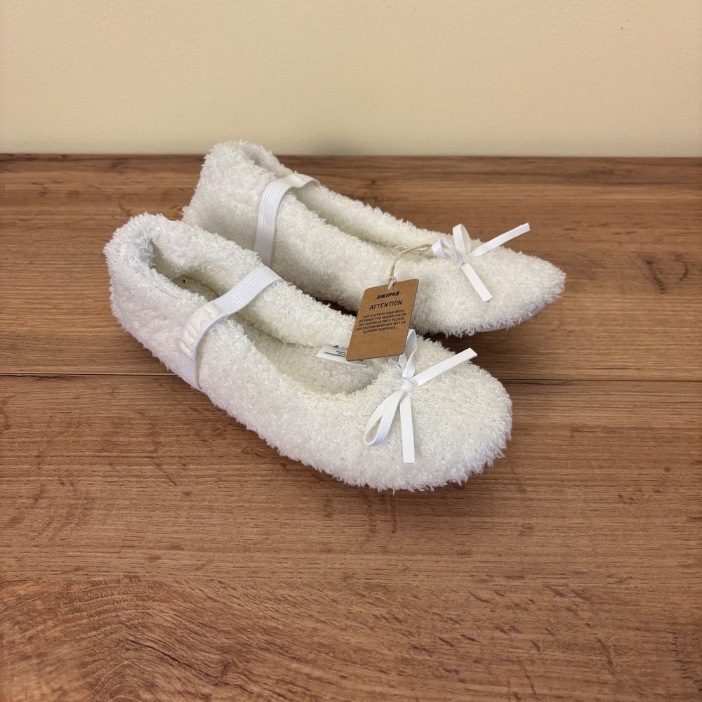 Skims Cozy Ballet Slipper Marble White Women Size 35 Bow Plush Loungewear Cozy
